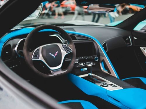 blue and black Corvette vehicle interior