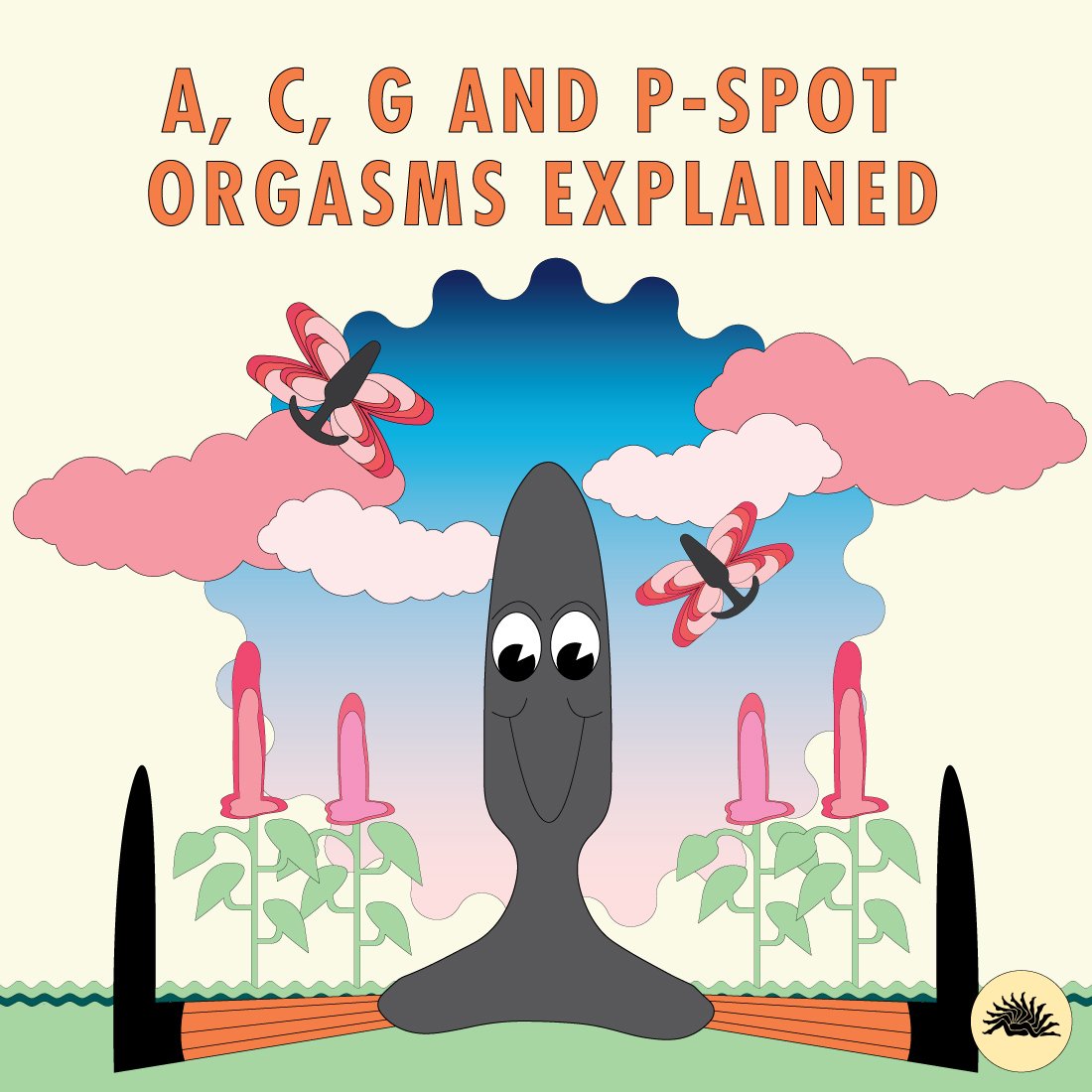 Cartoon of 'A, C, G and P-Spot Orgasms Explained' with a sex toy character in the center