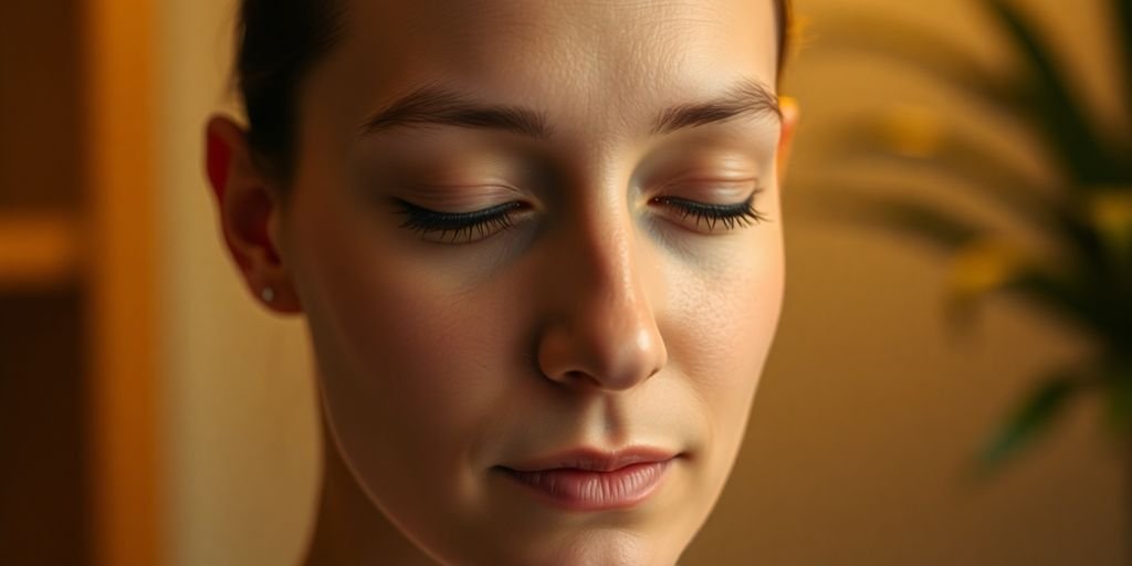 Medituojantis žmogus, švelni šviesa, rami išraiška.