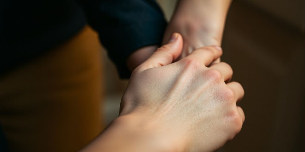 Intymiai besiliečiančios poros rankos, švelnus apšvietimas.