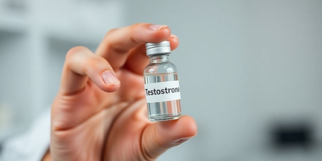 Iš arti rankos su testosterono buteliuku.