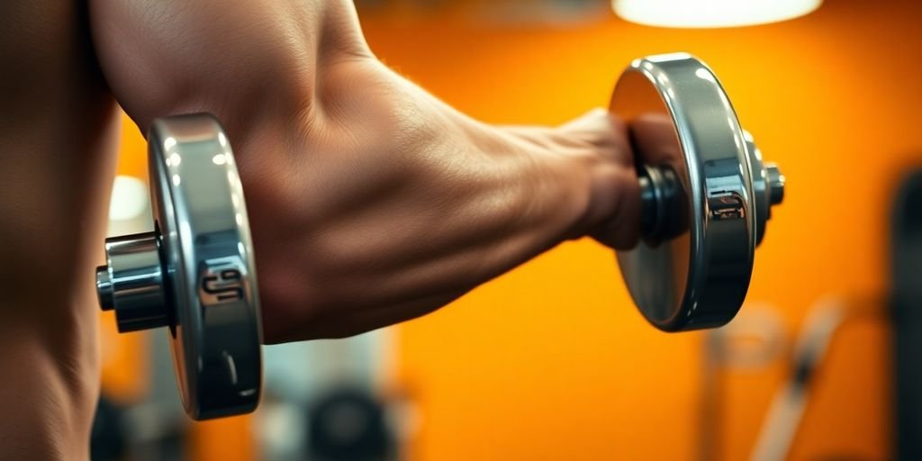 Vyro ranka, laikanti vieną hantelį.