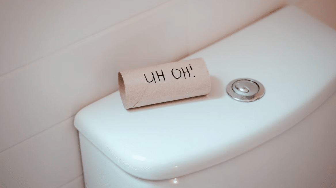 bdsm slave humiliation, toilet punishment, empty roll of toilet paper with "uh oh" on it