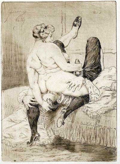 Antique image by Lossow depicting a woman sat on a man's face receiving oral sex (cunnilingus)