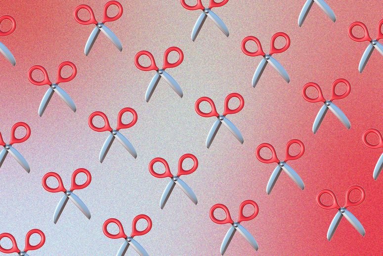 Red scissors on a gradient grey and red background symbolizing scissoring. 