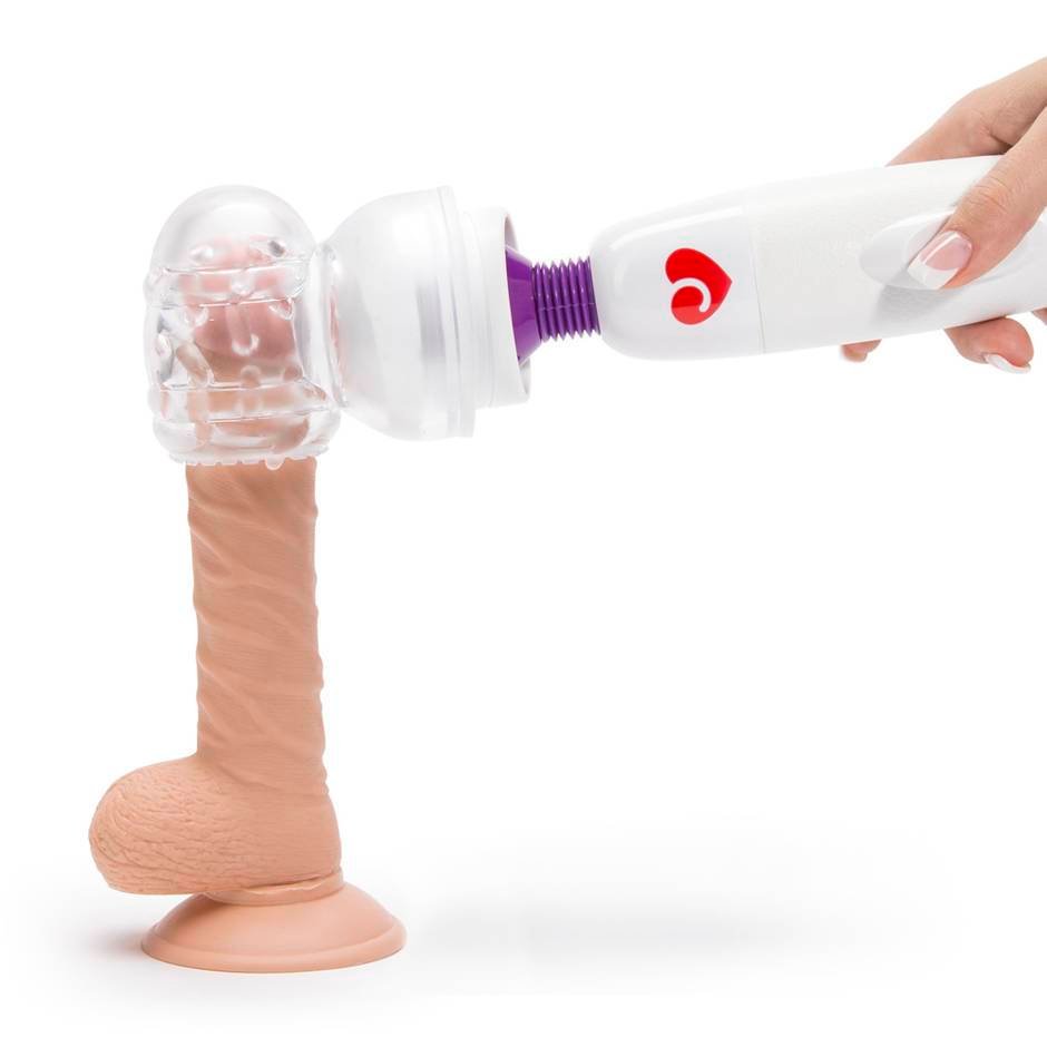 magic wand vibrator with male attachment being used on dildo