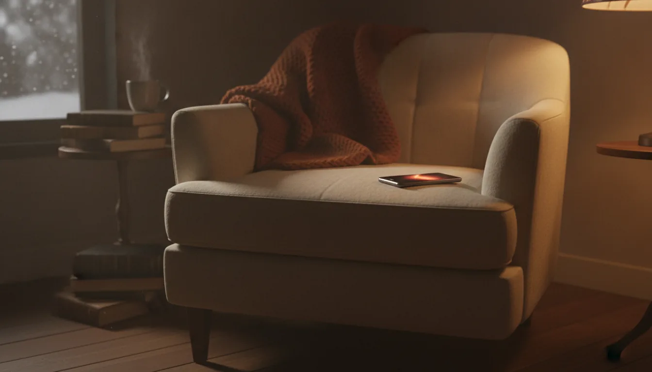 A quiet, softly lit armchair, representing the goonette meaning of private, frequent solo time