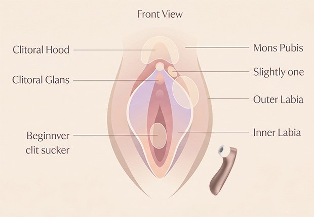 Educational vulva diagram showing clitoral hood, glans, and common off-center placement zones for a clit sucker.