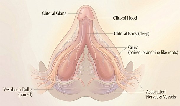 Pastel medical illustration of the full clitoral structure including internal body, crura, and vestibular bulbs to show pleasure as a connected field rather than a single point.