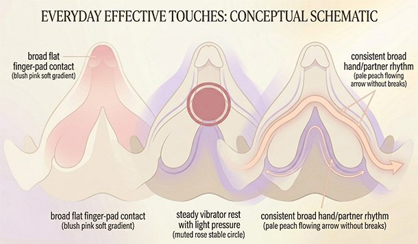 Soft abstract diagram of real-life clitoral stimulation examples like broad finger contact, steady vibrator placement, and consistent partner touch that feel sustainable and less thin.