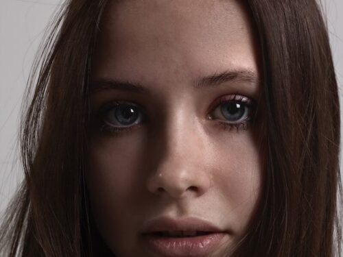 a close up of a person with long hair