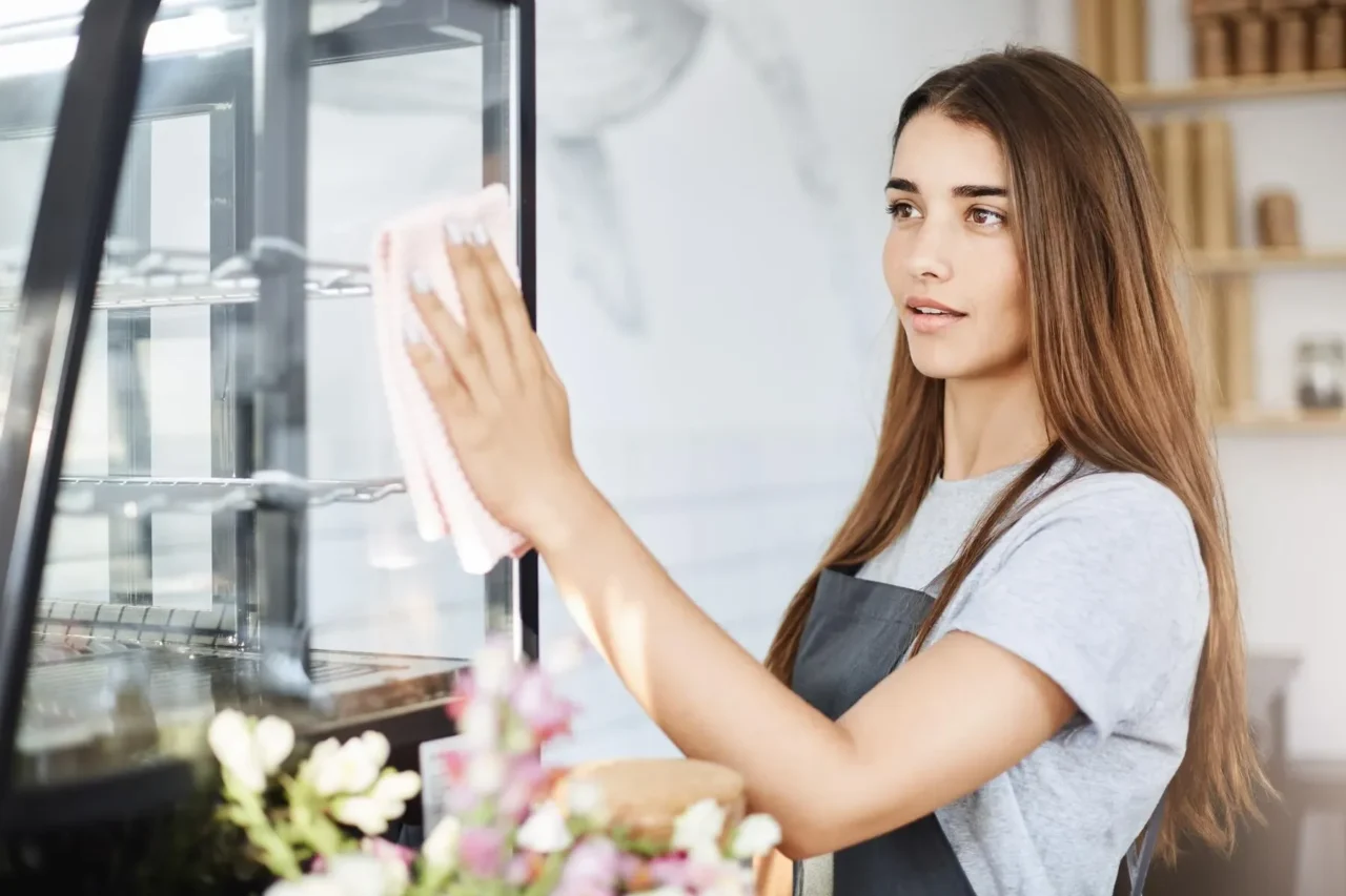 Portrait young cafe owner lady using wipe clean everything before opening