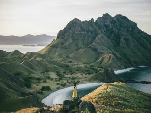 woman standing on mountain near body of water