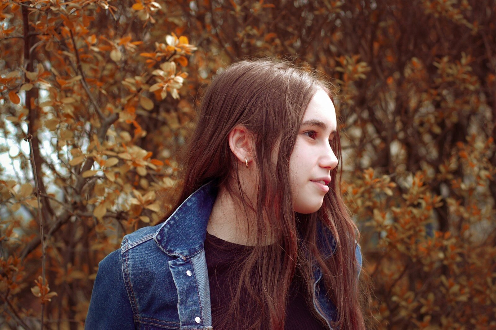 woman standing and facing her right side surrounded with tall and brown trees