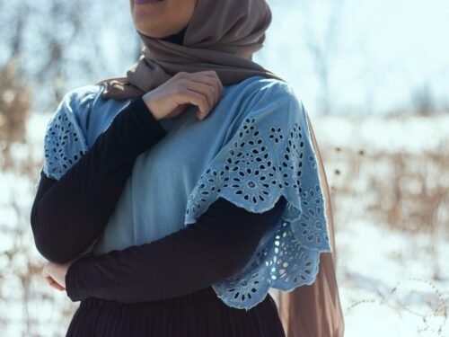 woman in blue hijab and white long sleeve shirt